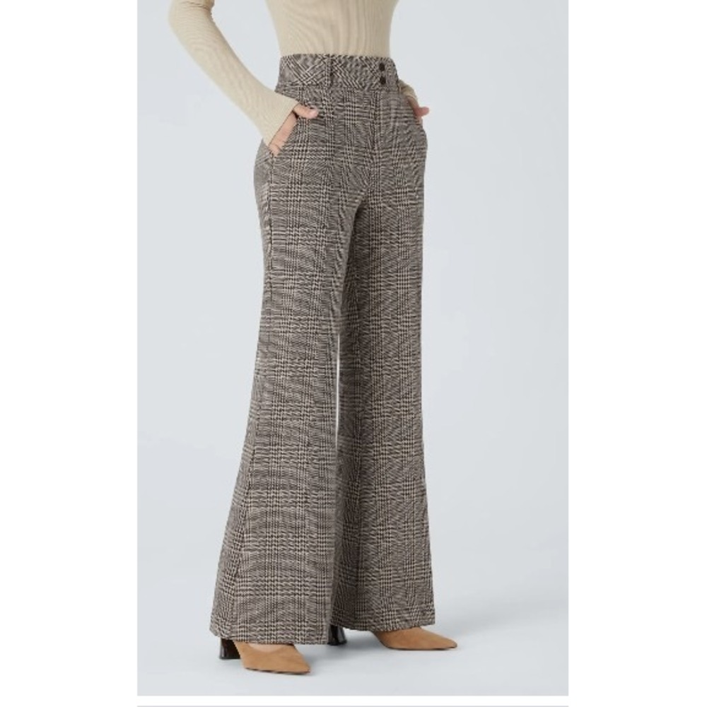 Halara Women Brown Glen Plaid High Waisted Flare Pants Wide Leg Athleisure M